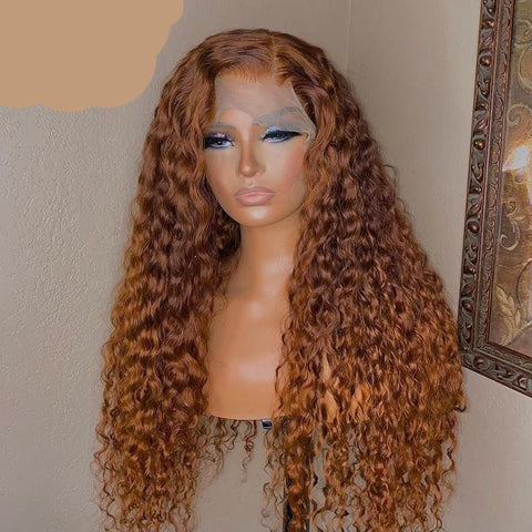 PrePlucked Ginger Brown Ginger lace front Human Hair Wigs 180% Remy Curly Wig